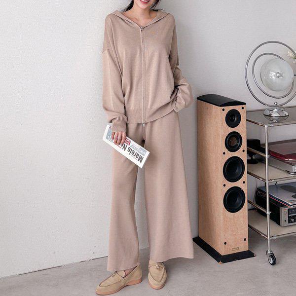 Hスタイル(SET)ニットフード付きジップアップセット 秋 女性 長袖 トレーニングウェアセット スウェットセット 上下セット パンツセット