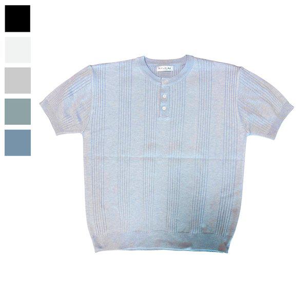 メンズ リブ編み ヘンリーネック 半袖 ニットTシャツ RB-KNH-Q093-ソラ