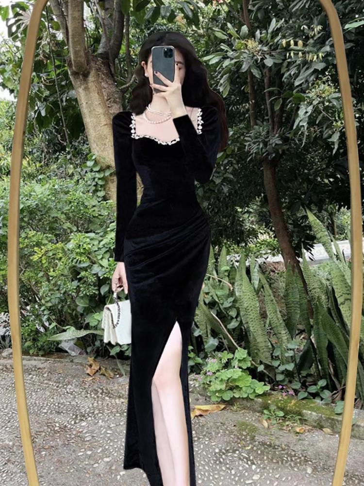 ロングドレス 宴会 ドレスのロングスカート レディー 秋冬 気質 高級 ブラック ベルベットの開叉ワンピースメガ割カラコンサンダル f Yt ハニーズ
