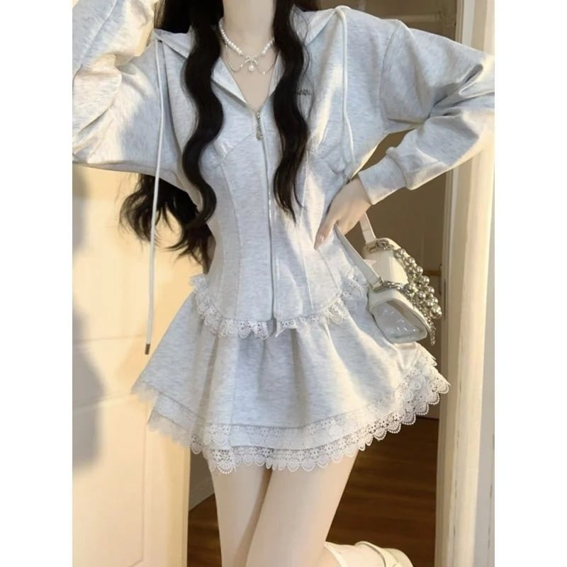 [急速出荷]韓国風系ファッションカジュアルレースキルティングウエストトップスハイウエストスカートスーツ パーティードレス(最安値保証) 6,802円