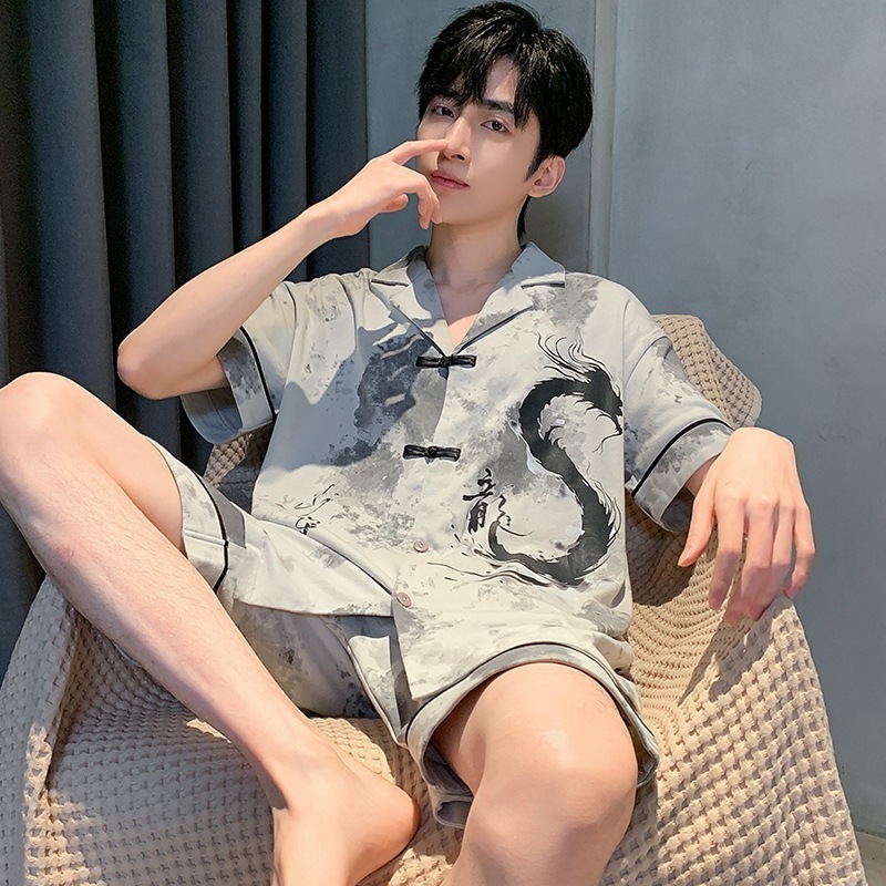 辰年2025新スタイル純綿水墨画新中国風国民風パジャマメンズ夏半袖ゆったりホーム服
