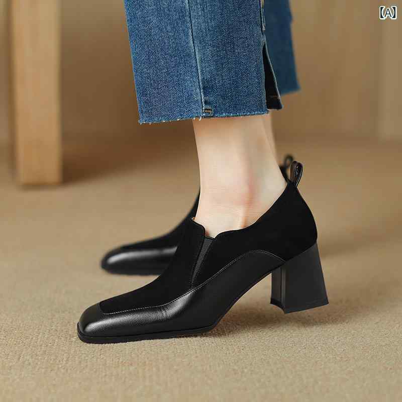ローファー レディース オフィス 通勤 仕事 フレンチ レトロ スタイル スプライス スクエアトゥ 深口 シングル シューズ 女性用 革 厚底 ハイヒール ソフト ソール 厚底