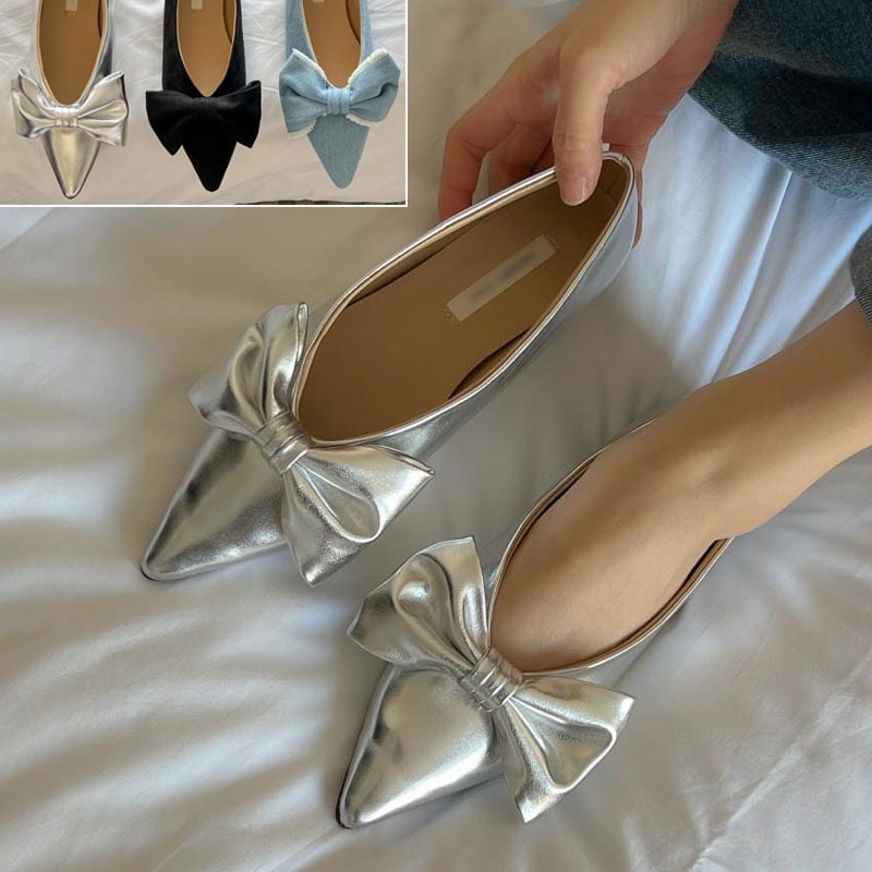 3color 可愛いビックリボン付きデザイン 無地 PU．スエード．デニム素材 ポインテッドトゥ ローヒール デイリー フラットシューズ