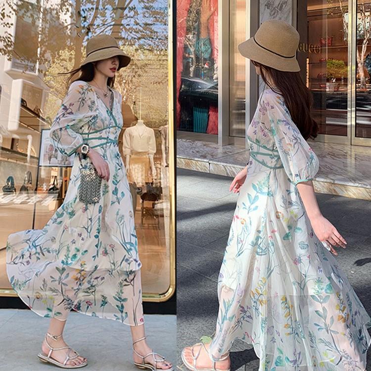 ワンピース レディース きれいめ マキシ 花柄 葉柄 夏 五分袖ワンピース Aラインワンピ ロング丈ワンピース 着痩せ オシャレ 上品 30 40 50代 韓国風