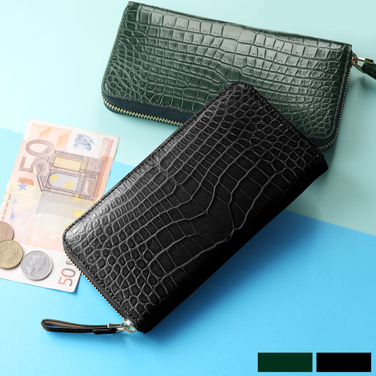 クロコダイル 長財布 レディース マット加工 ラウンドファスナー 一枚革 センター取り グリーン ブラック 使い易い 財布 本革 鰐皮 鰐 革 女性 婦人 高級 母の日 ギフト プレゼント 4FA (