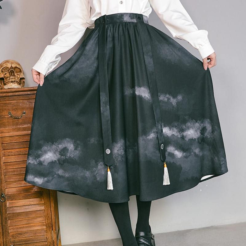 ロングスカート 秋冬 水墨柄 チャイナ風スカート 合わせやすい ハイウエスト