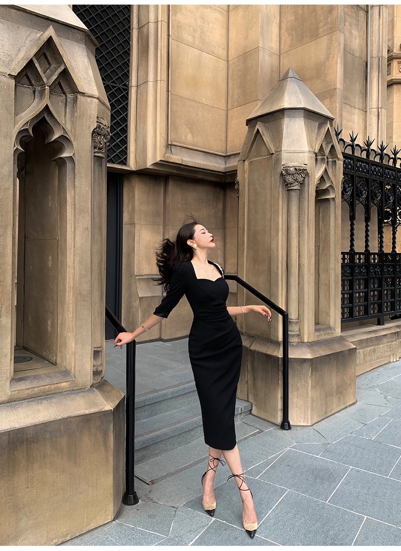 黒 半袖 ドレス 秋 冬 ヘップバーン スタイル スリムフィット 薄い パッケージ ヒップ スカート ブラック XS S M L ワンピース 膝丈 ひざ丈 かわいい 大人可愛い きれいめ シンプル