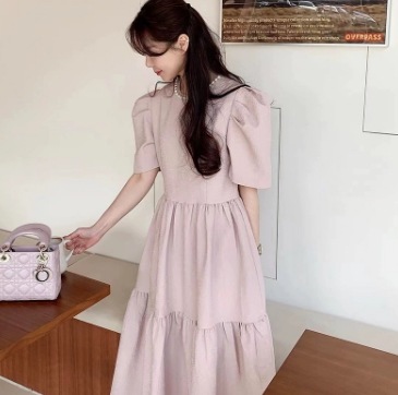 ワンピース ウエストマーク ワンピース ロング丈 半袖 パフスリーブ Uネック セミフレア スリム 細身 ストレート スマート シフォン 透け感 かわいい 大人可愛い きれいめ シンプル 大人 上品