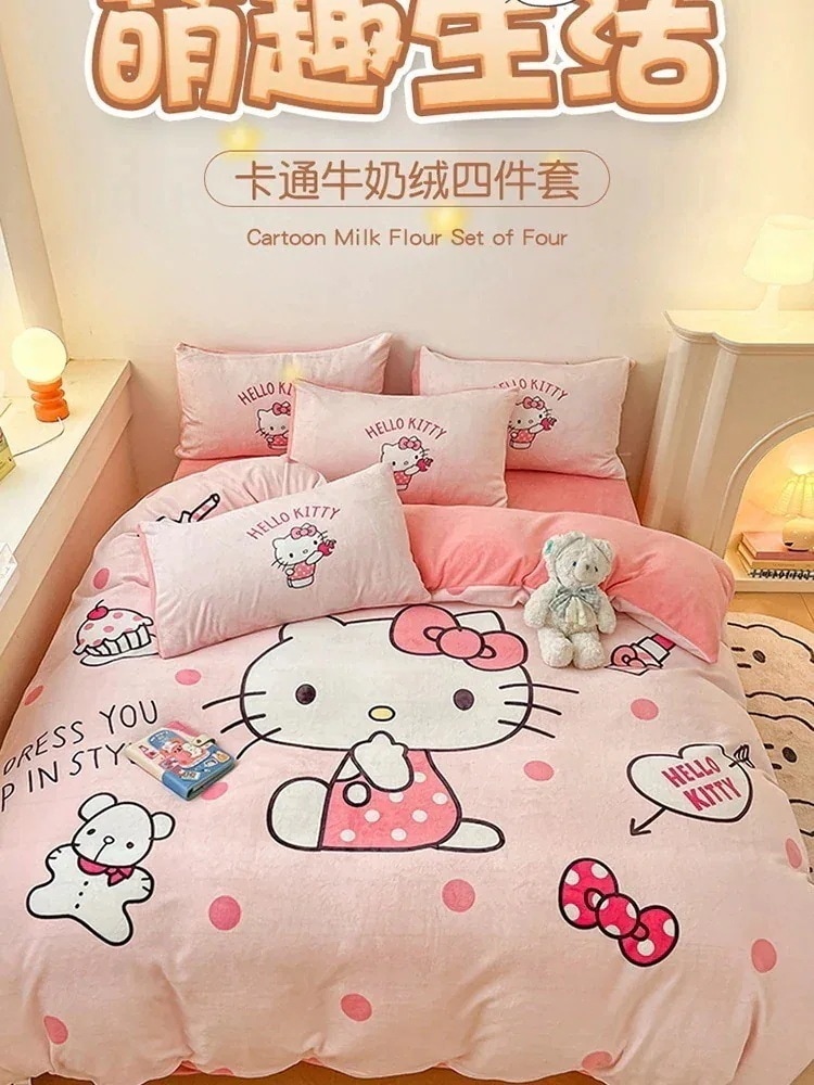 ハローキティ ミルクベルベット4点 冬用増厚掛け布団カバー クロミコーラルベルベットシーツ 子供用3点セット 5,165円