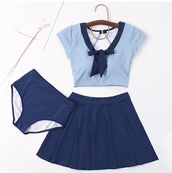 【急速出荷!】水着 上下セット レディース マリン風 かわいい リボン 着痩せ 学生水着 撮影 温泉 プール ビーチ 海 ブルー ネイビー M L 2L