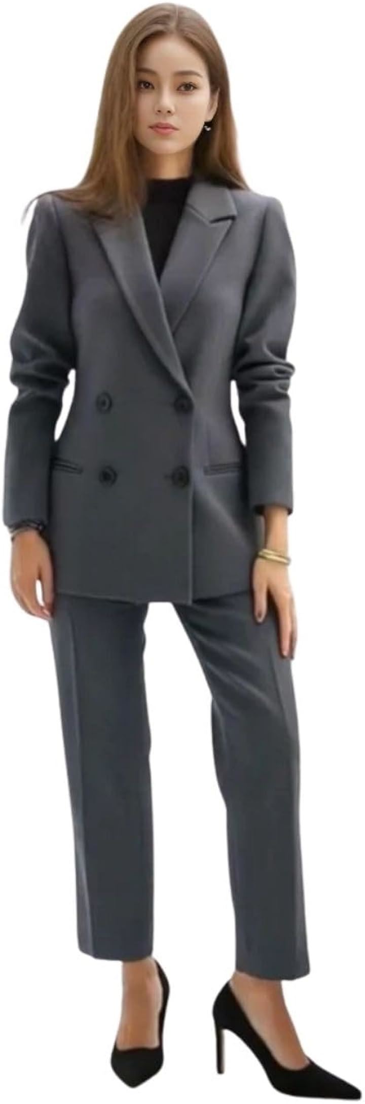 パンツスーツ ダブルブレステッド ストレート 細身 セットアップ ビジネス フォーマル レディース センタープレス ジャケット BB086-GY-S (グレー, S)