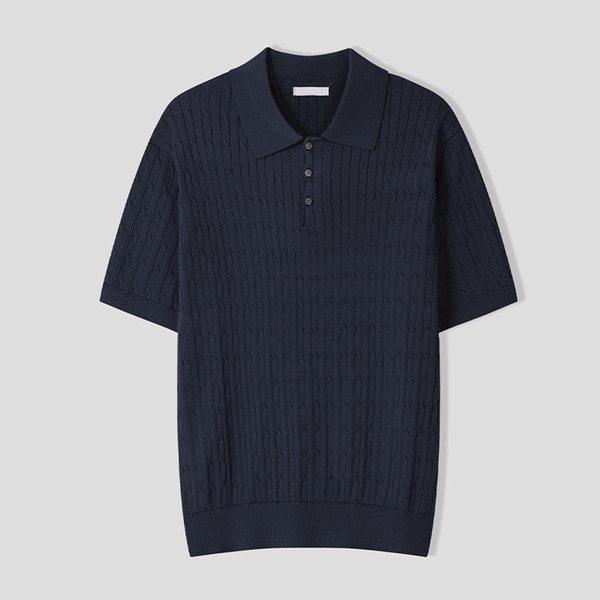 メンズベーシックケーブルカラーネック半袖ニットTシャツ AS-KNH-Q013-ネイビー