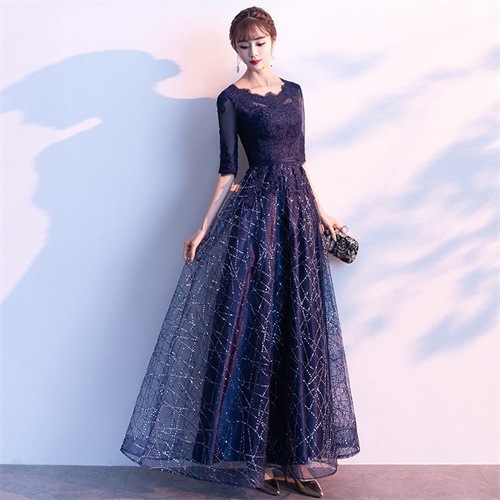 パーティードレス ロング丈 袖あり 結婚式ドレス マキシ丈 切り替え 紺色 パーティー お呼ばれ 発表会 演奏会 成人式 二次会 エレガント 大人 20代 30代 40代 7,884円