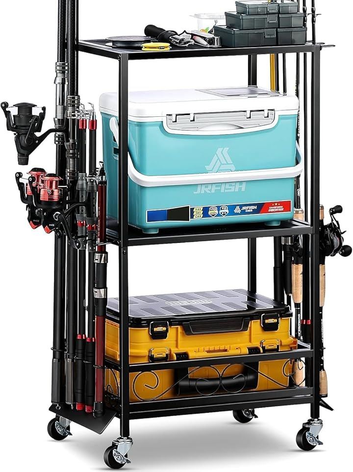 ロッドスタンド 釣り竿立て 釣竿置き 10本用 大容量 3in1 ロッドラック 組立式 釣り竿ラック 釣り具収納 移動式 ロッドホルダー キャスター付き (ブラック)