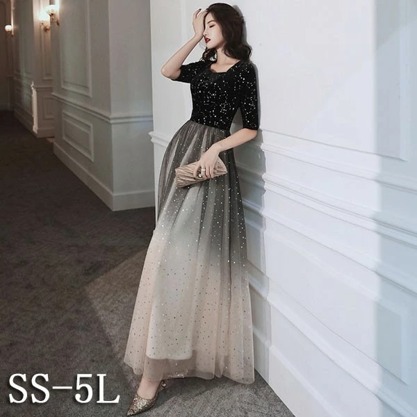 お得な価格ドレス 大人 ピアノ 発表会 演奏会用ドレス ロングドレス 演奏会 イブニングドレス 結婚式 母親 ピアノ発表会 中学生 パーティードレス 発表会ドレス 袖付き 黒 高校生 大きいサイズ コ