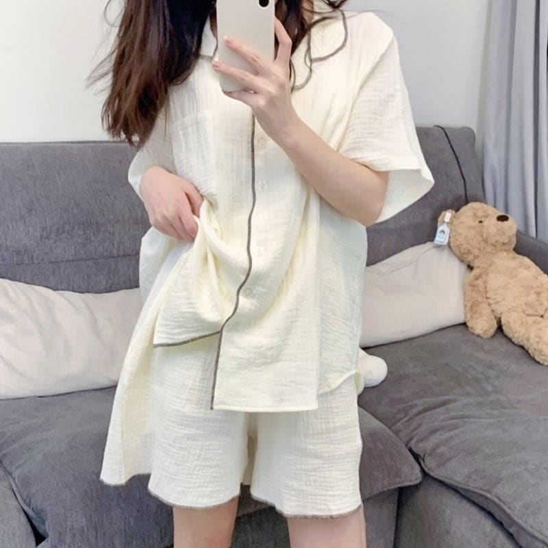 2color パジャマ ネグリジェ ルームウェア ナイトウェア 寝巻 シャツ ショート丈パンツ