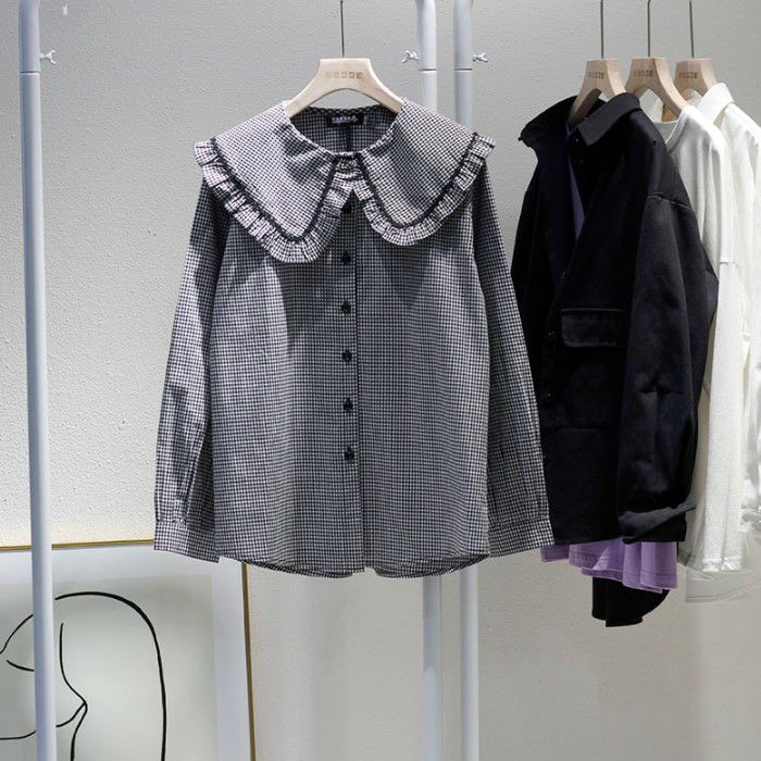 【】 2021年 秋冬 ビックカラー チェック フリル ブラウス レディース トップス 長袖 カジュアル かわいい フェミニン きれいめ 大人可愛い 上品 きれいめカジュアル 大人ガーリー オフィスカ