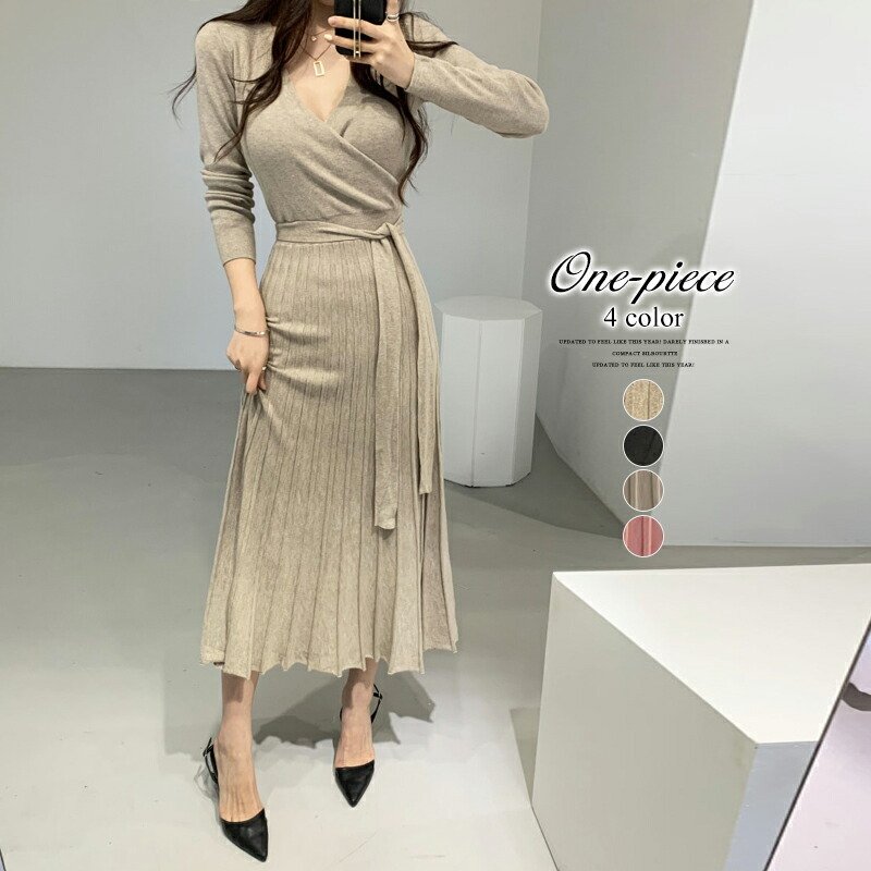 アウトレット レディス ワンピース ニットワンピース ロングワンピース Vネック 長袖 セクシー 長袖 春ニット やわらかい きれいめ リボン プリーツ バレンタイン 2025 プレゼント
