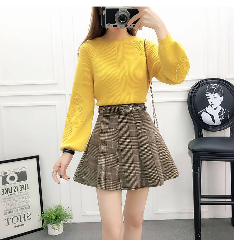 セーター ニット スカート セットアップ レディース ツーピース ミニ フレア 千鳥格子 チェック ショート 長袖 着回し かわいい カジュアル おしゃれ お出かけ デート 黄色 青 白 S M L