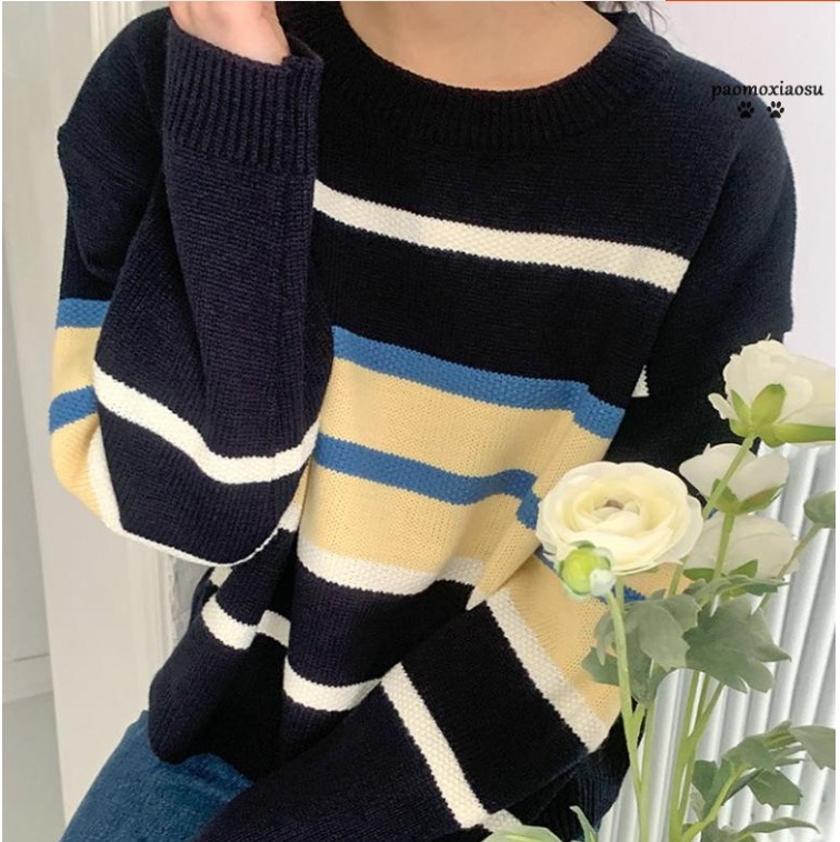 ラウンドネックニットセーター カジュアルニットセーター ボーダー柄トップス トップス ニットソー セーター プルオーバー 袖あり 長袖 Uネック ラウンドネック スリム ストレート Iライン スマート