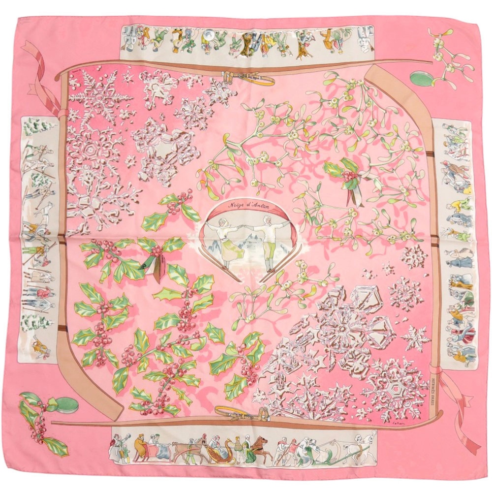 美品 カレ90 Neige d’ Antan 去年の雪 スカーフ シルク ピンク 0393【中古】 レディース
