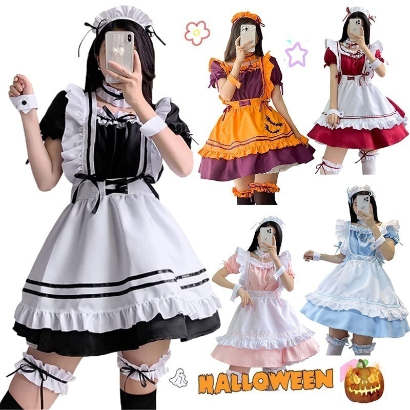 【超激安】メイド服 コスプレ 衣装 仮装 女装 フリル ロリータ かわいい カチューシャ 付き 豪華セット レディース コスチューム カフェ イベント ハロウィン メイド 定番 フルセット こすぷ
