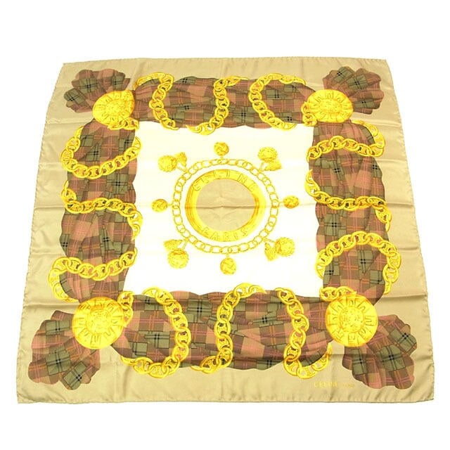 スカーフ 大判サイズ チェーン＆チェック ベージュ ゴールド系 中古