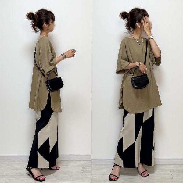 【早い者勝ちSALE】 おしゃれ度アップ ナチュラル 無地 スリット Ｔシャツ スカート 幾何模様 配色 2点セット