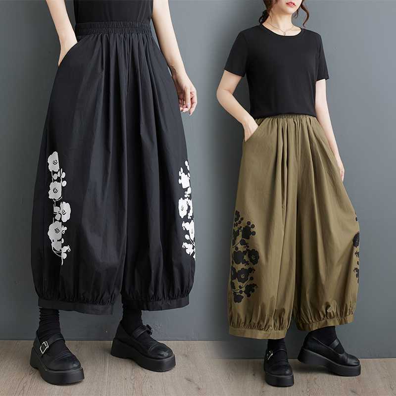 「ファットガール」 2024夏新品 九分丈 ワイドパンツ 花柄 大きいサイズ 体型カバー レディース ゴム ストレート ロングパンツ メガ割30%までに制限