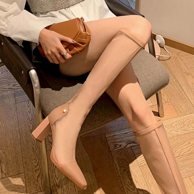 【急速出荷!】サマーブーツ　ブーツサンダル　ロングブーツ　ローヒールサンダル　太ヒール　夏　シースルー　8.5センチヒール　透かし　レディース靴