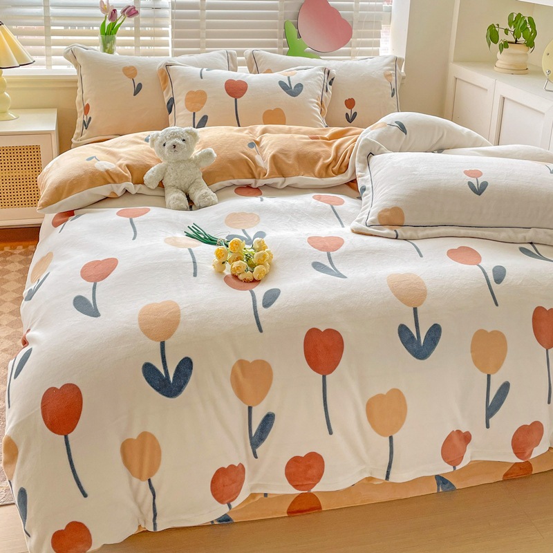 2024 秋と冬の小さな新鮮なコットンベルベットミルクベルベットベッド 4 点セット豪華な両面コーラルベルベットのベッドシーツとキルトカバー