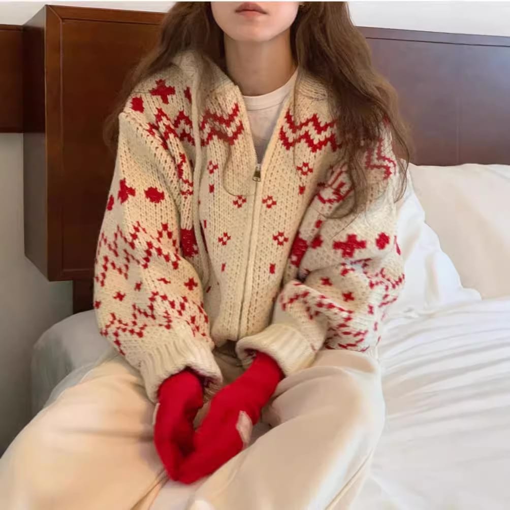 新しい冬のクリスマスセーター女性用レトロジッパーカーディガンフード付きニットセータージャケット 4,894円