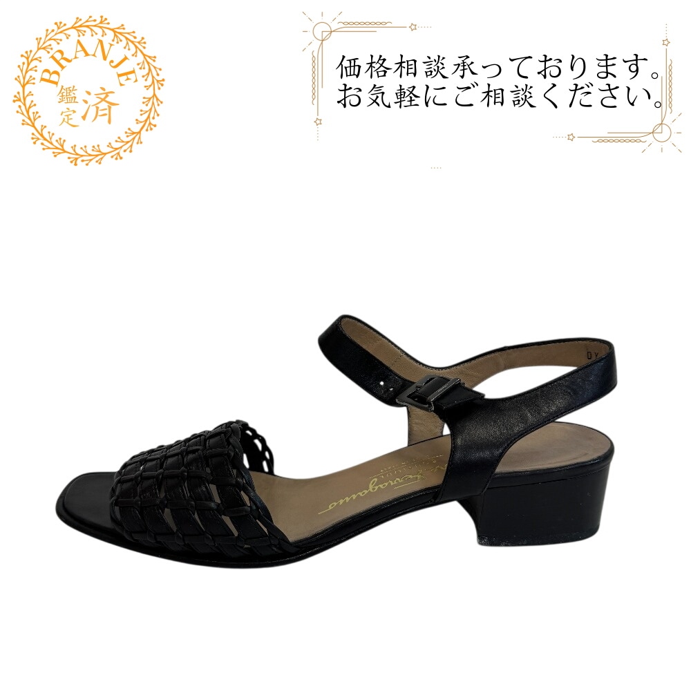 パンプス 編み込み レザー サンダル ブラック レディース 25.5