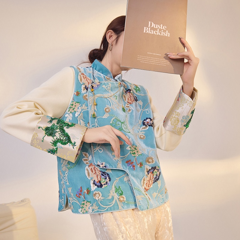 新しい中国スタイルのサテンの花刺繍スパンコールベスト女性のためのスリムな気質ハイエンドトップ