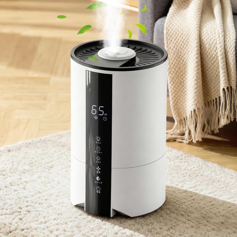 加湿器 卓上 小型 超音波式 【2025新モデル・5L大容量・上部給水式】自動湿度調整機能搭載 3段階ミストモード 静音設計 スリープモード タイマー機能（112時間設定可能） 夜間ライト付き 自動