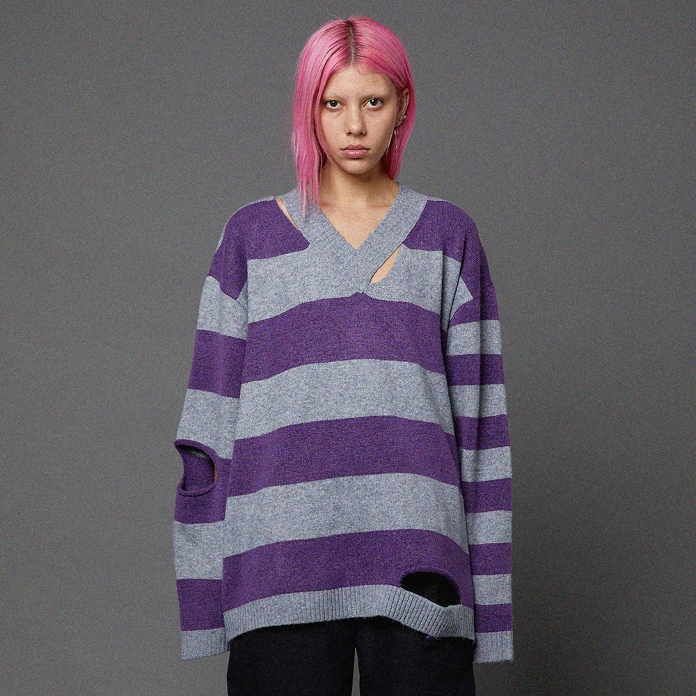 Stripe cut-out V neck knit PURPLE 7,704円