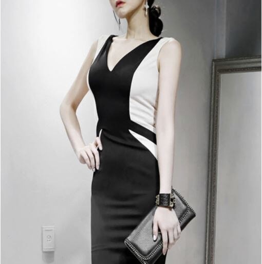 ワンピース ドレス レトロ風 モダン クラシカル ノースリーブ 春夏 きれいめ ペンシルスカート ひざ丈 膝下 Vネック 深 Vネック 襟なし スリム タイト 細身 ウエストマーク ハイウエスト 黒