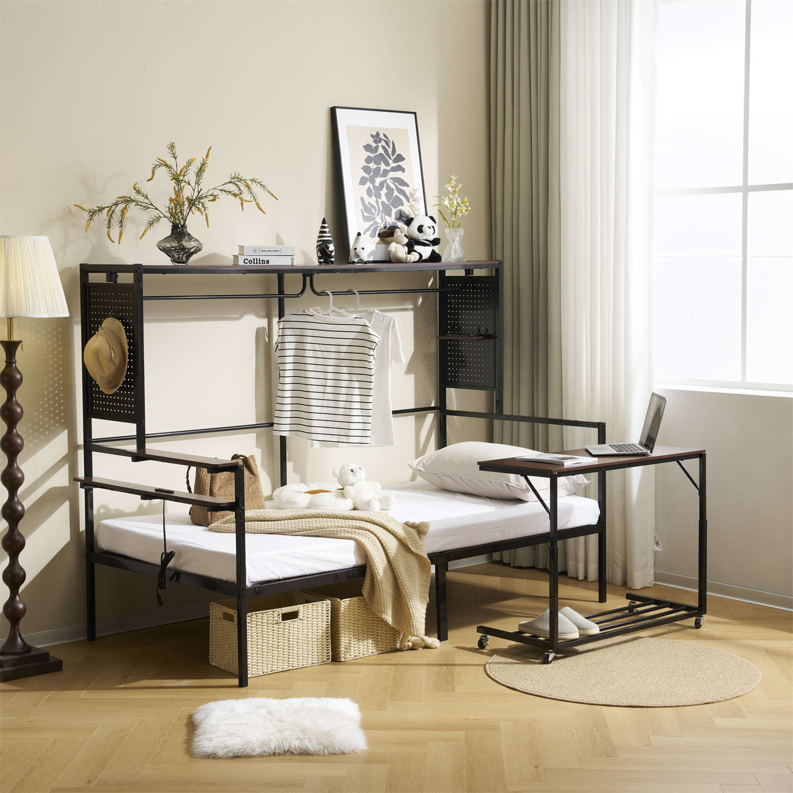 【日本国内出荷-3日で配達】【ブラック】 システムベット ロフトベッド シングル スチールネット付き 移動型デスク付き 北欧風 木目 子供ベッド 大人ベッド 一人暮らし スチール 耐震 DJYC05 19,763円