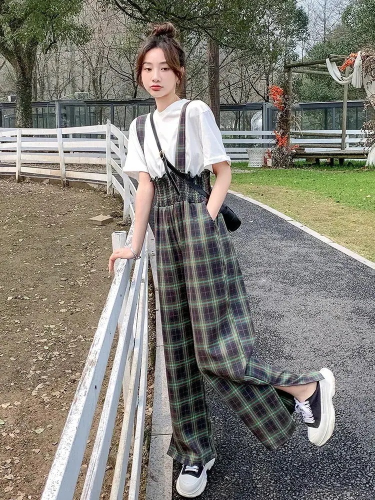 チェックのサロペット夏の薄手2版ゆったりハイウエストsワイドパンツ 着痩せ 百掛け サロペット 2024オールインワンセットアップサロペット