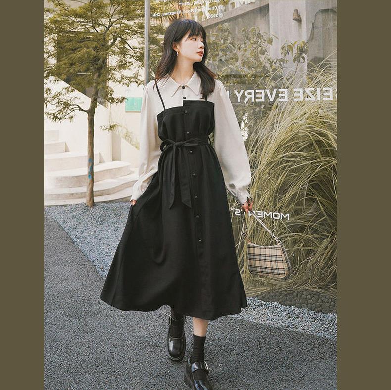 シャツワンピース 韓国 偽の二枚 ロング ワンピース ドレス レディースファッション 大きいサイズ 長袖 パーティードレス 着痩せ ゆったり 体型カバー