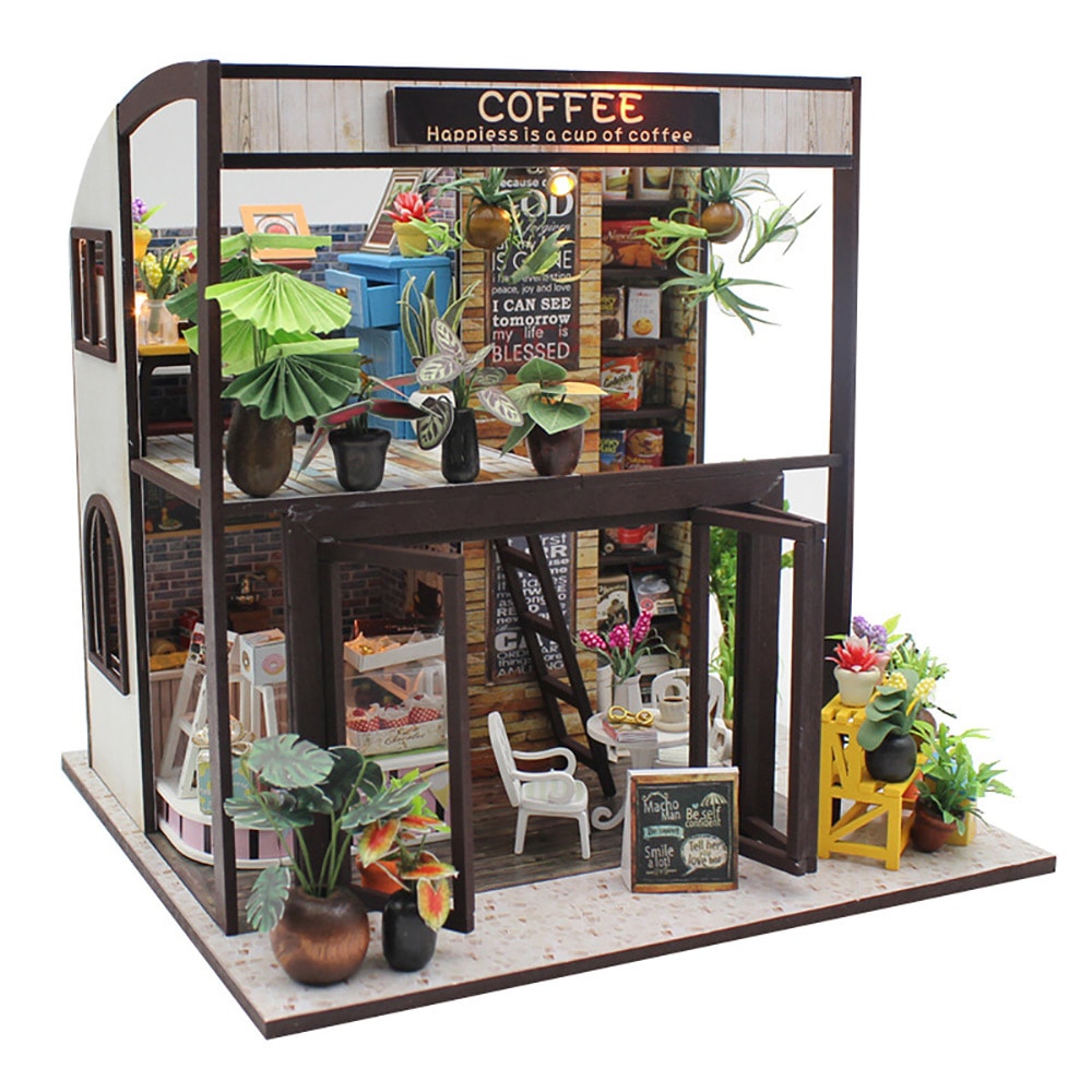 ドールハウス ミニチュア 手作りキット セット植物たくさんのコーヒー屋さん 喫茶店 カフェ 珈琲 二階建て モダン 中型 LEDライト + アクリルケース