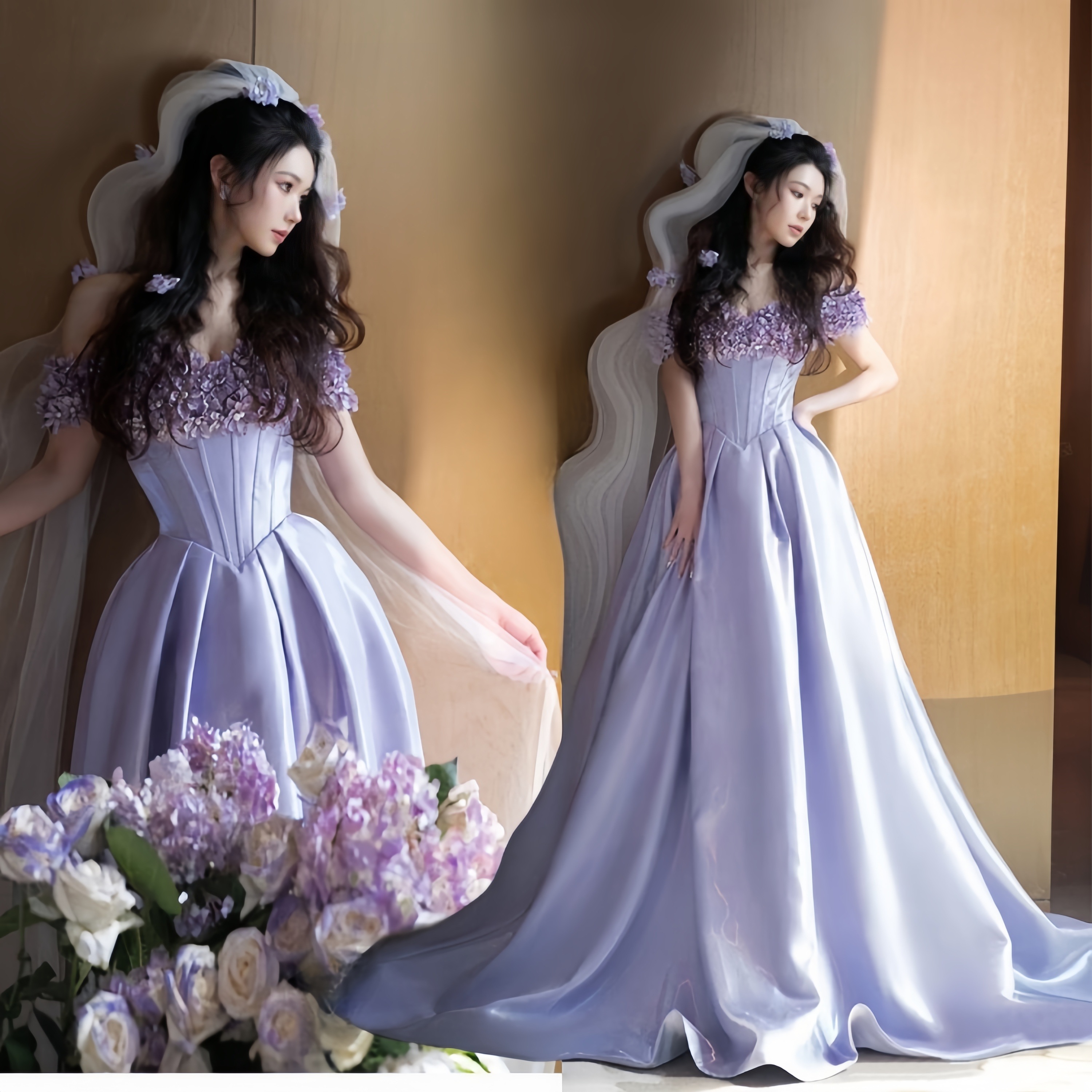 ウェディングドレス スミレの立体花 パーティードレス スレンダー カラードレス 花嫁 披露宴 二次会 前撮り ワンピース ドレス　フォトウエディング ロングドレス 大人 大きいサイズ