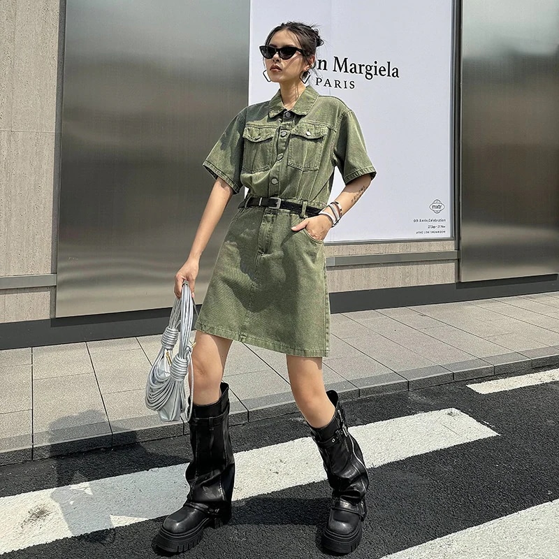 新作 シンプル 開き襟 シャツワンピース 気質 高級感 ハイウエスト ワンピース 着痩せ デニムワンピース リゾート ワンピース