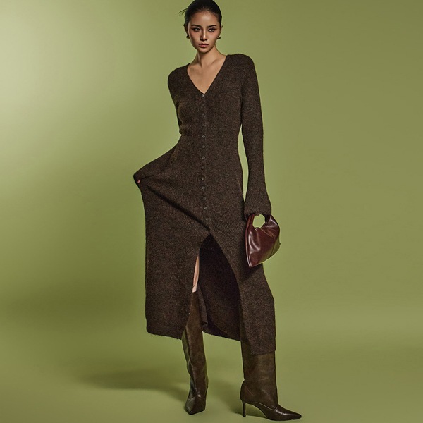 D5119 ニット ボタン ワンピース