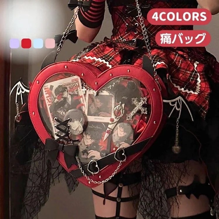 最低価格挑戦お見逃しなく痛バッグ おしゃれでバッグ lolita ショルダーバッグ クリアポケット付き 可愛い バックパック ハンドバッグ レディース ロリィタ 実用性 かばん 痛BAG レザーバッグ