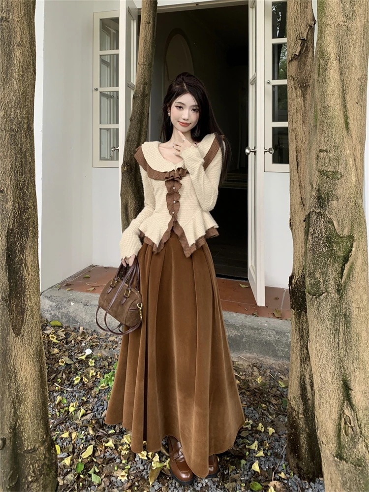 早い者勝ち フリル 長袖 シャツ 短いスタイル 受け取って腰 ハイウエスト ロングスカート 気質 セットアップ トップス カジュアル ロング