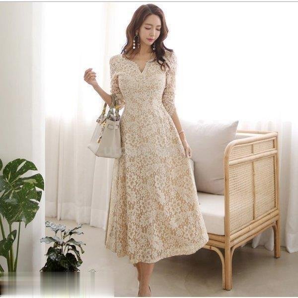 パーティードレス 袖あり 韓国今週の割引は 25% オフです風 結婚式 ドレス レース ワンピース ロング丈 フォーマルドレス 上