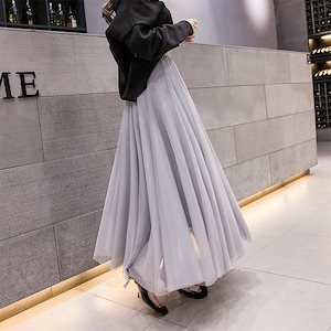新製品 マキシスカート 韓国ファッション 春美しい外観 メッシュ ロング プリーツスカート ハイウエスト 着痩せ 百掛け カジュアル スカート 気質 Aラインスカート
