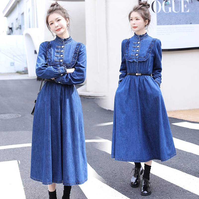 韓国デザイン秋服高級感　上品おしゃれデニムワンピース