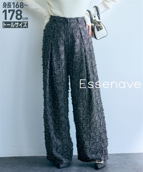 ロングパンツ 高身長　フリンジチェッククロスタックワイドパンツ トールサイズ Essenave